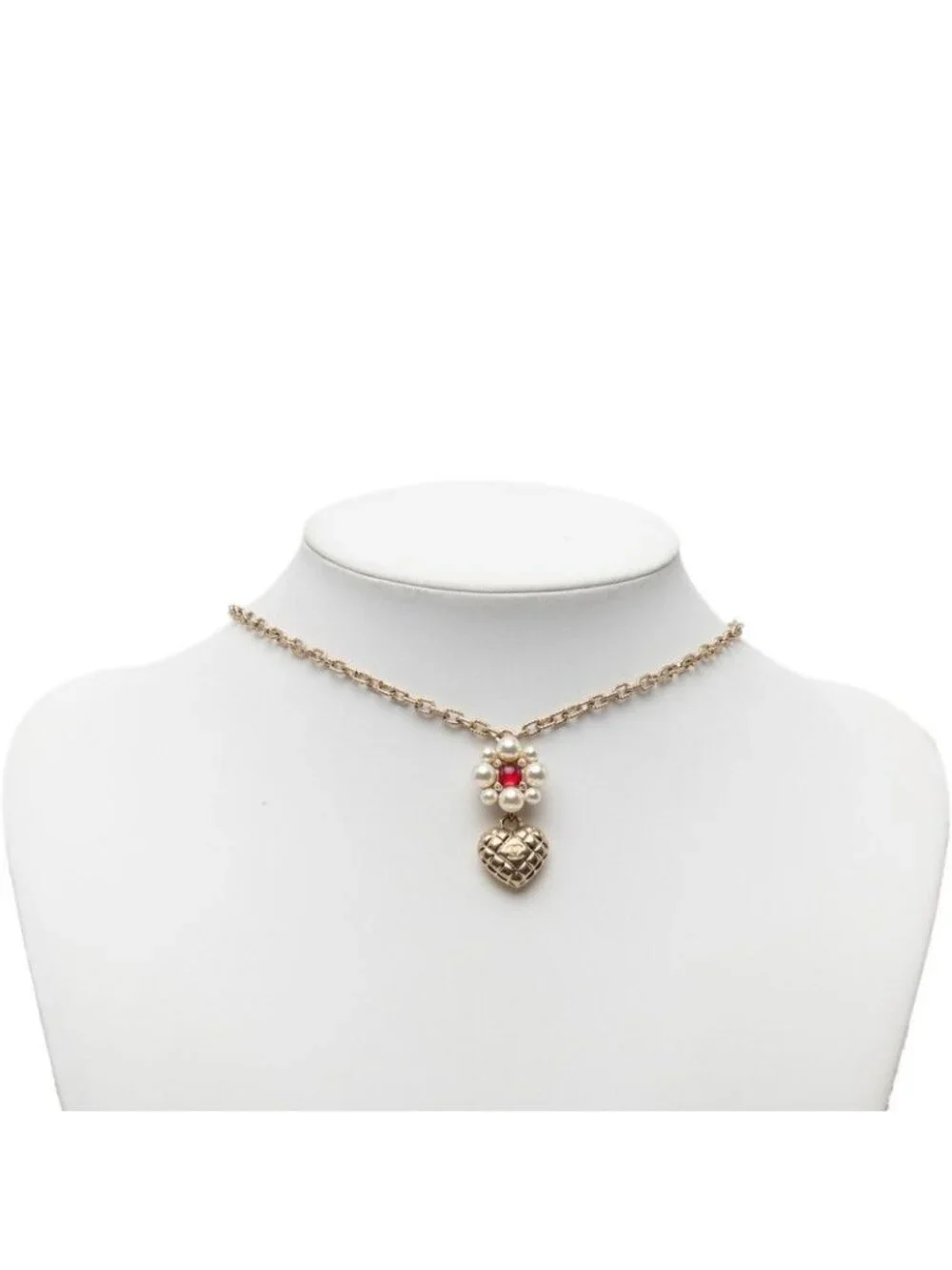 Chanel CC Logo Heart Flower Pendant Gold Plated Faux Pearl Stone